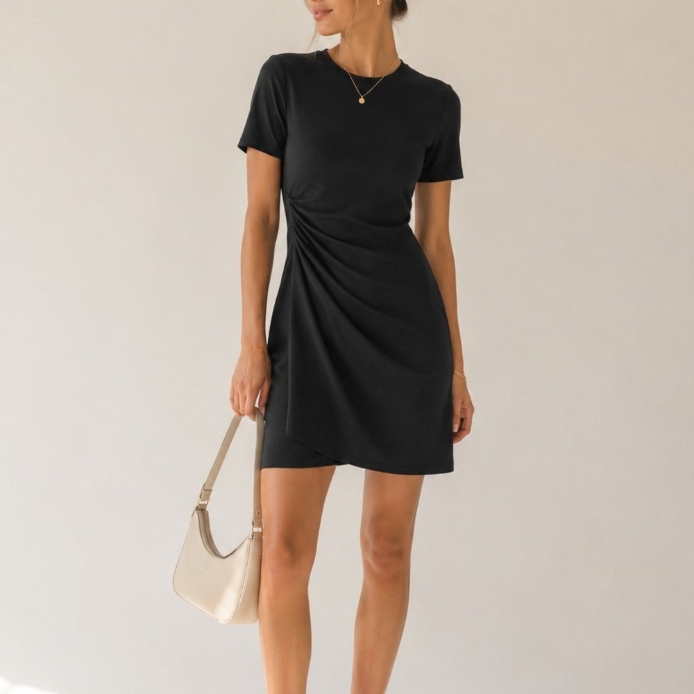 Theory Black Ruched Clinton Knit 100% Supima Cotton Size Medium Model Off Duty